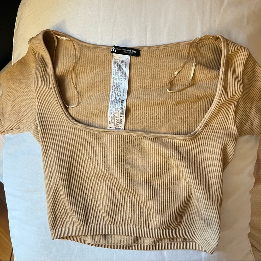 beige zara square neck rubbed seamless crop top